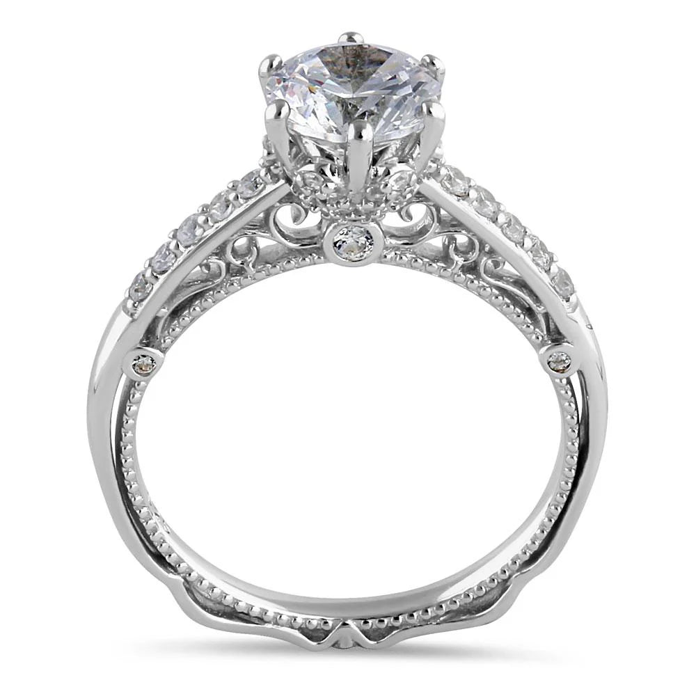 ILLA Sterling Silver Victorian Cathedral 7.0mm Round Cut Clear CZ Filigree Engagement Ring