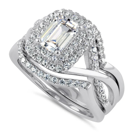 ERANDI Sterling Silver Emerald Cut CZ Halo Engagement Set Ring